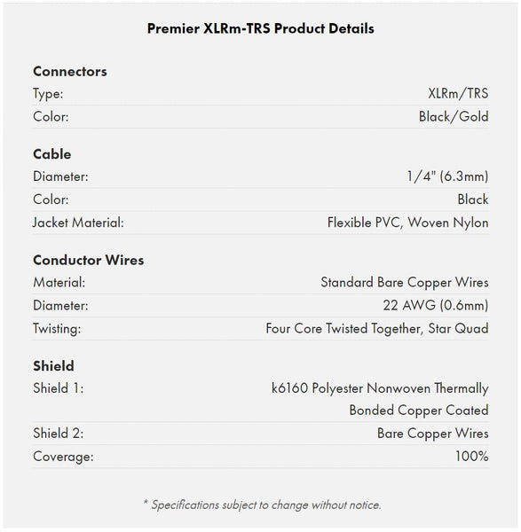 Warm Audio Premier Series XLR Male to TRS cable specifications