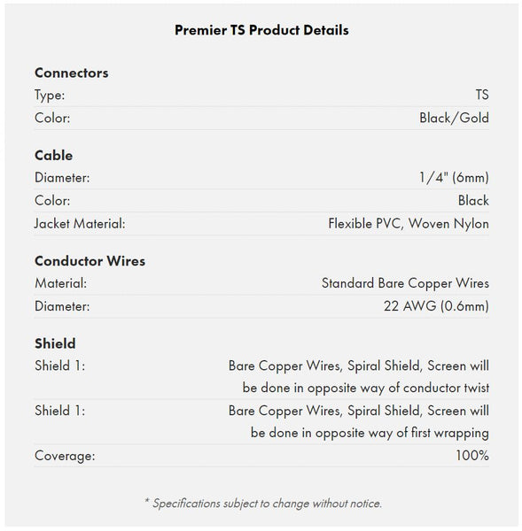 Warm Audio Premier Series TS Instrument cable specifications