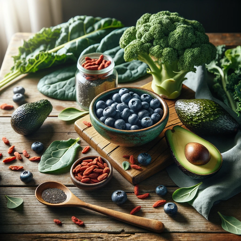 table with superfoods like blueberries, brocolli and spinach