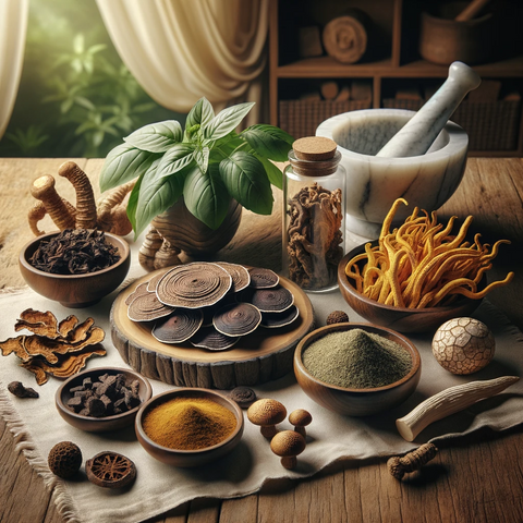 adaptogens sitting on a table: mushrooms