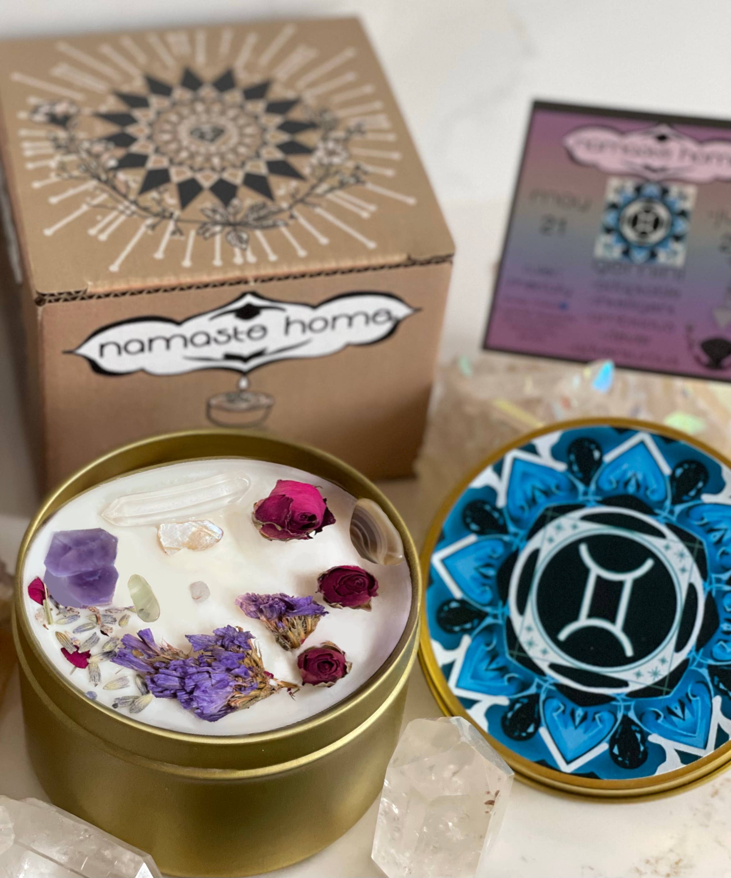 Gemini Crystal Candle with Gemstones + Herbs