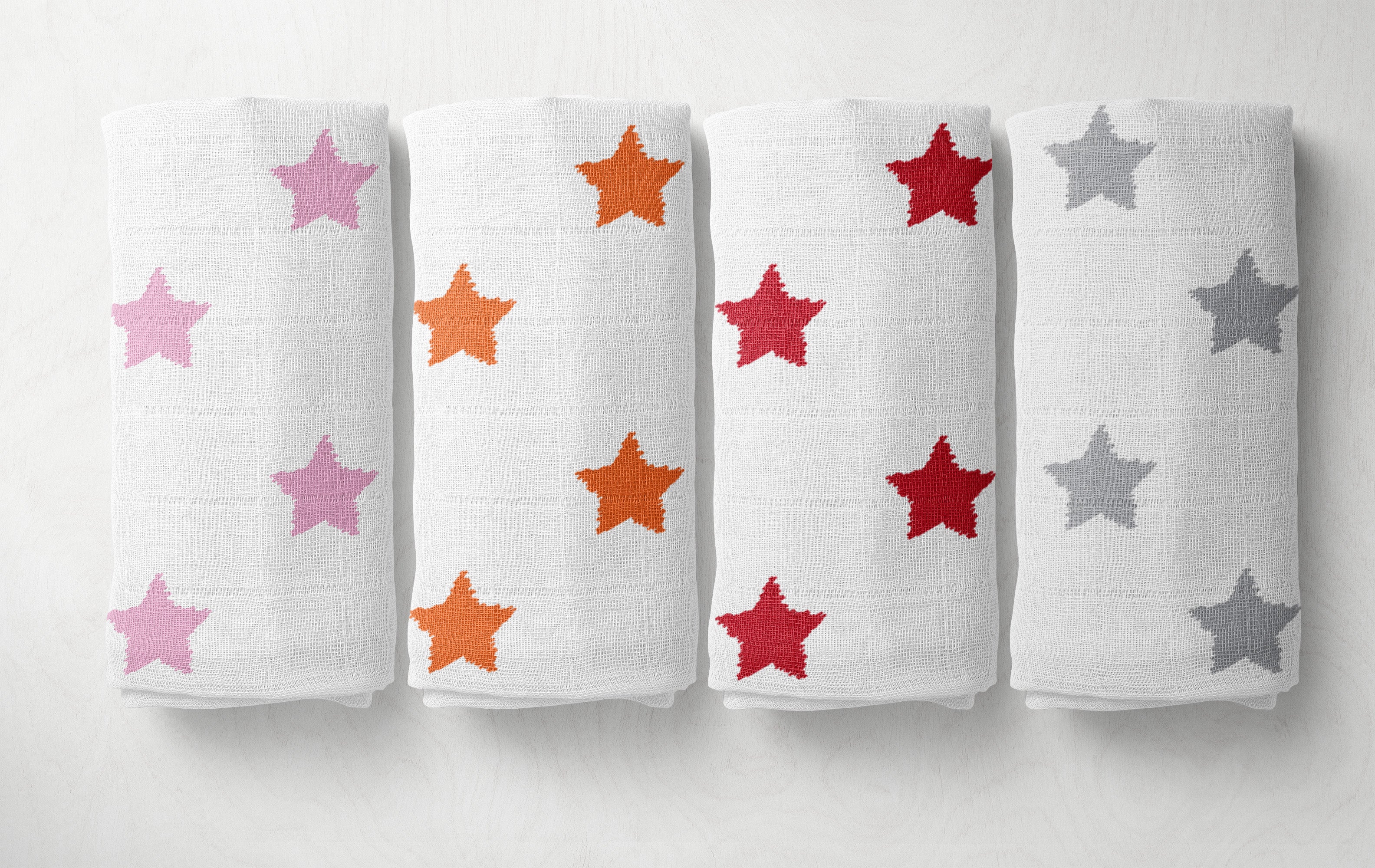 4 Pack Girls Muslin Essentials Swaddle Blankets Stars Pink Orange Red Bacati