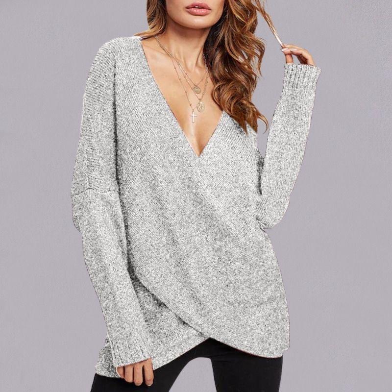 Women V-neck Cross Long-sleeved Knitted Sweater - L&A SmartShop