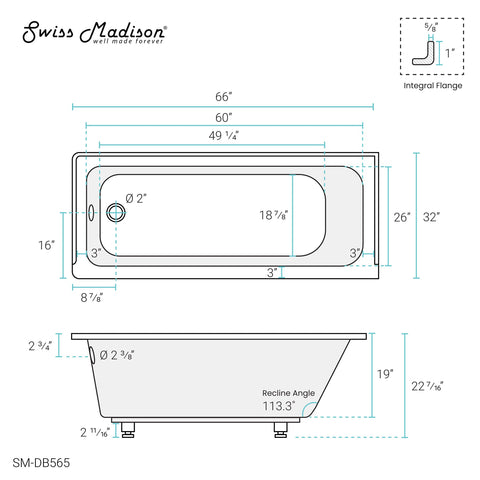 Voltaire 66" X 32" Right-Hand Drain Alcove Bathtub - SM-DB566