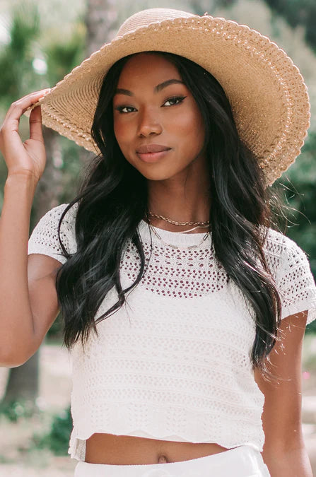 model wearing a sun hat and mesh shirt