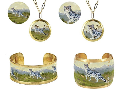 Snow leopard jewelry necklace and cuff bracelets