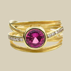Pink sapphire 18k gold and diamonds ribbon ring