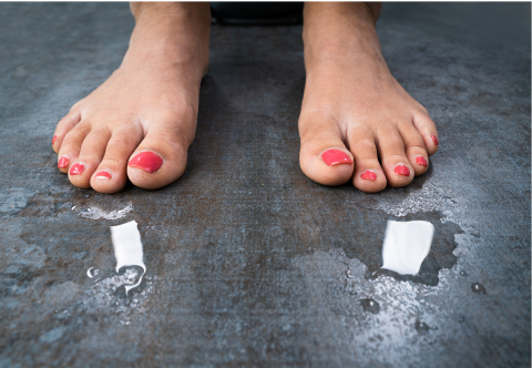 Woman's feet standing next to a small puddle of water.