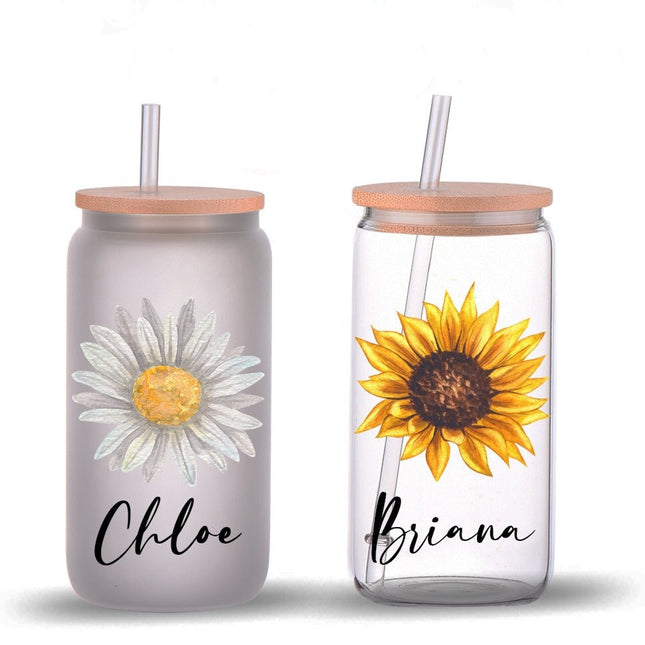 Sunflower Cup / Personalized Glass With Bamboo Lid And Straw