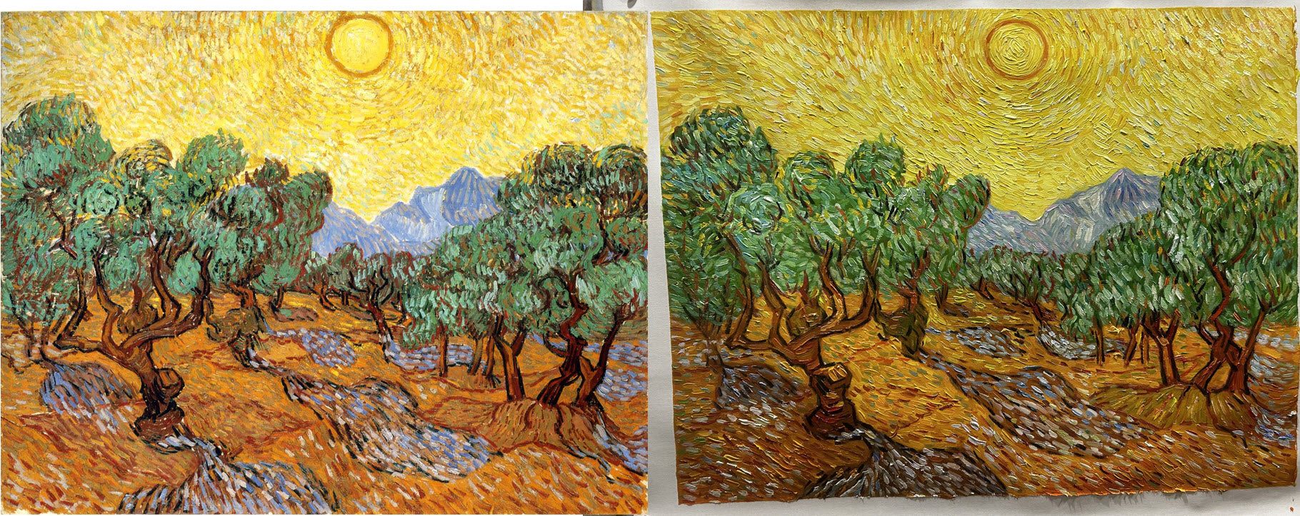 Oliveiras com céu e sol amarelos - Van Gogh