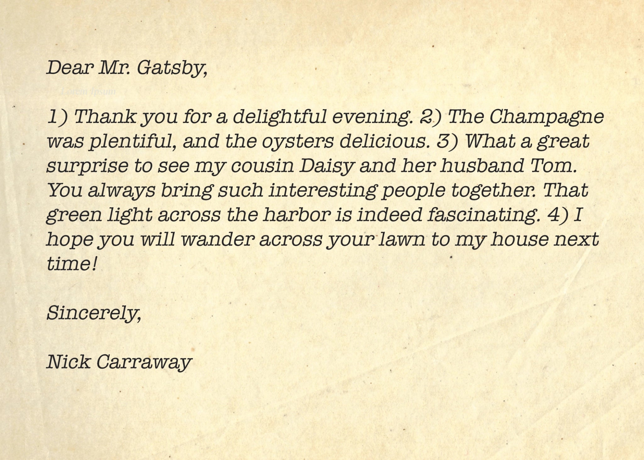 hypothetical thank you note from nick carraway