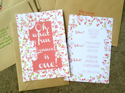 Pink, red and green confetti dot invitations Oh what fun baby is one!