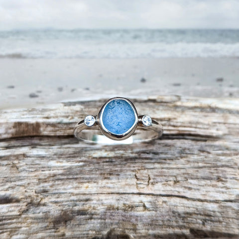 Blue sea glass ring with diamonds