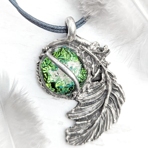 Green ashes memorial pendant with feather detail