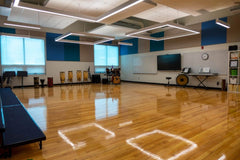 school music room with an assortment of musical instruments