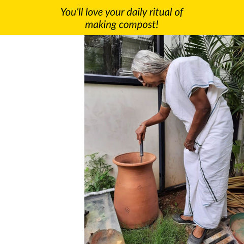 Elderly lady in her garden stirs the compost in her Daily Dump Prithvi Khamba