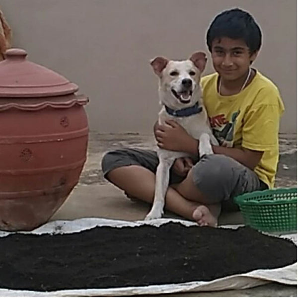 child with dog and compost harvested from Daily Dump composter