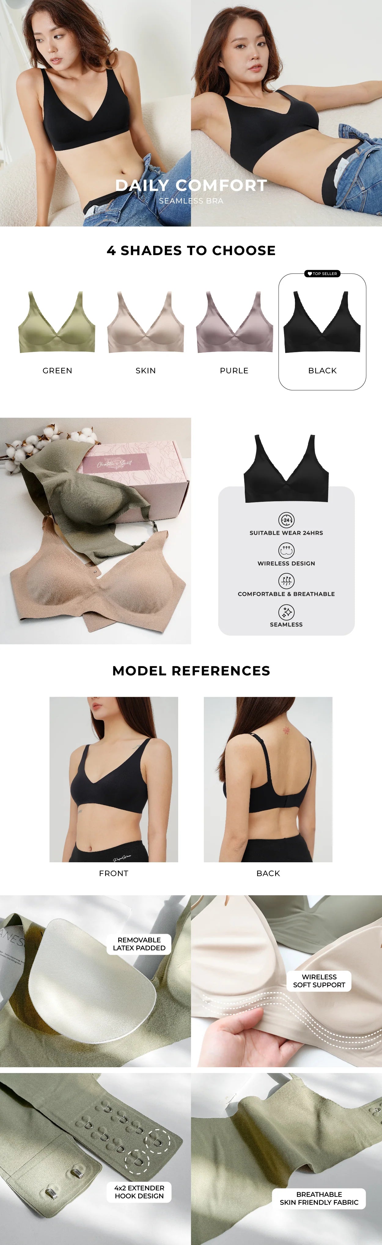 Chantelle's Secret daily comfort seamless bra in black, green, skin, and purple, featuring 24-hour wearability, wireless support, and breathable fabric.