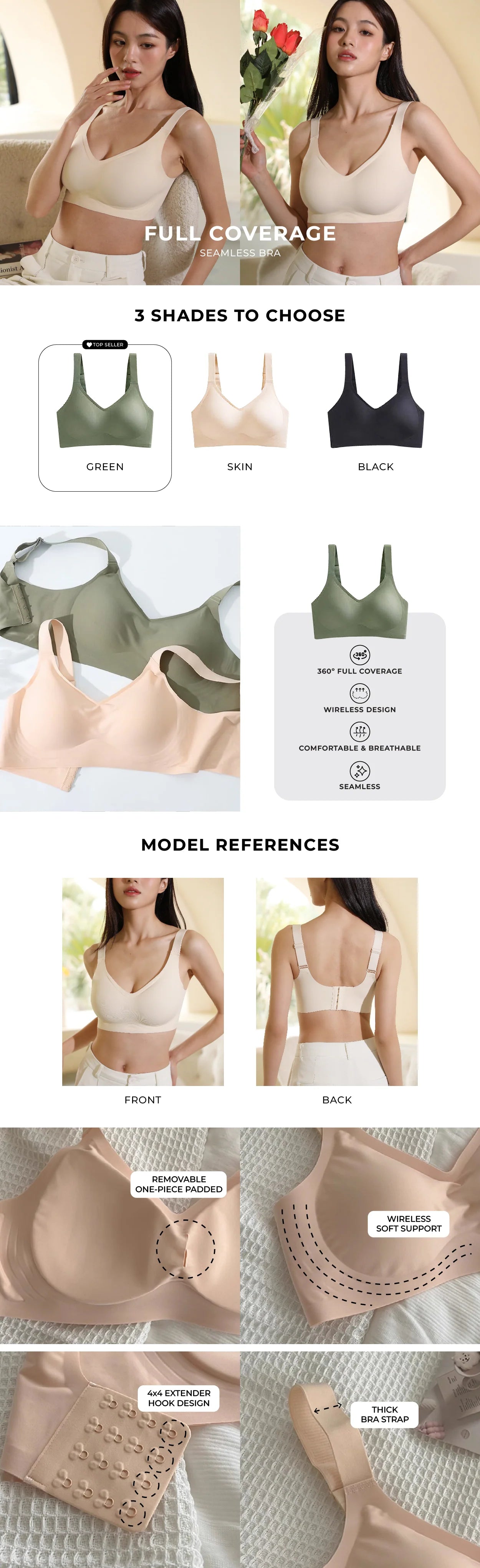 Chantelle's Secret presents the Full Coverage Seamless Bra Collection, available in three shades: Green, Skin, and Black. Each bra is crafted for optimal comfort with features like 360° full coverage, wireless support, and a 4x4 extender hook design, shown in detailed shots and model references.