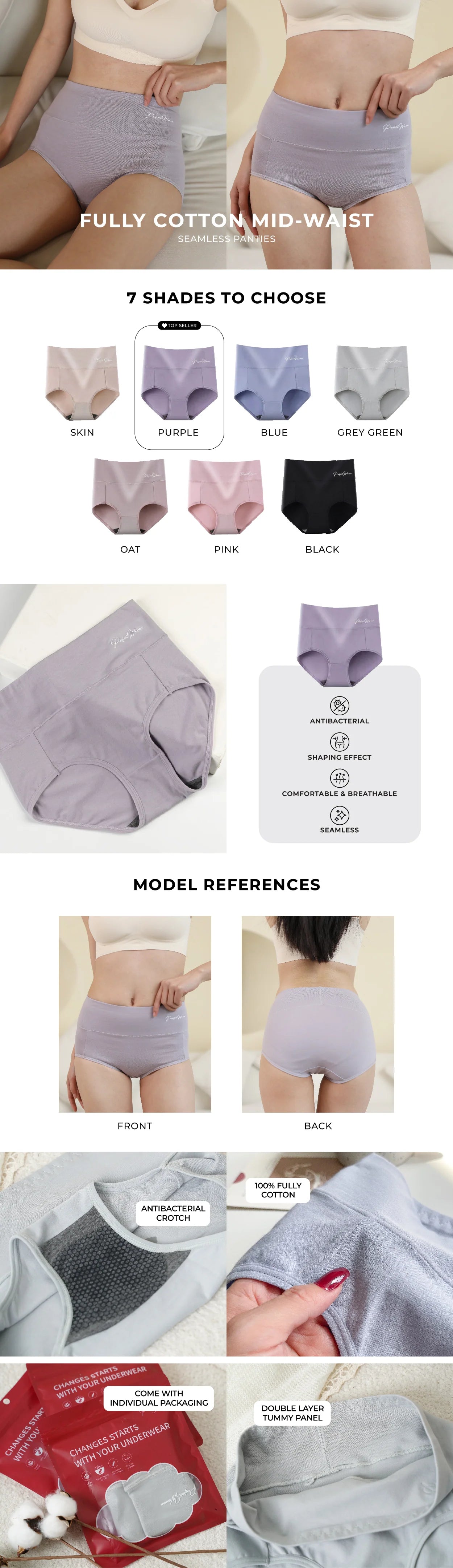 Chantelle's Secret presents a high-waist, fully cotton, seamless panties collection in seven shades. Features include an antibacterial crotch, shaping effect, comfortable and breathable fabric, with individual packaging. Models show the front and back view of underwear for a comprehensive fit guide.