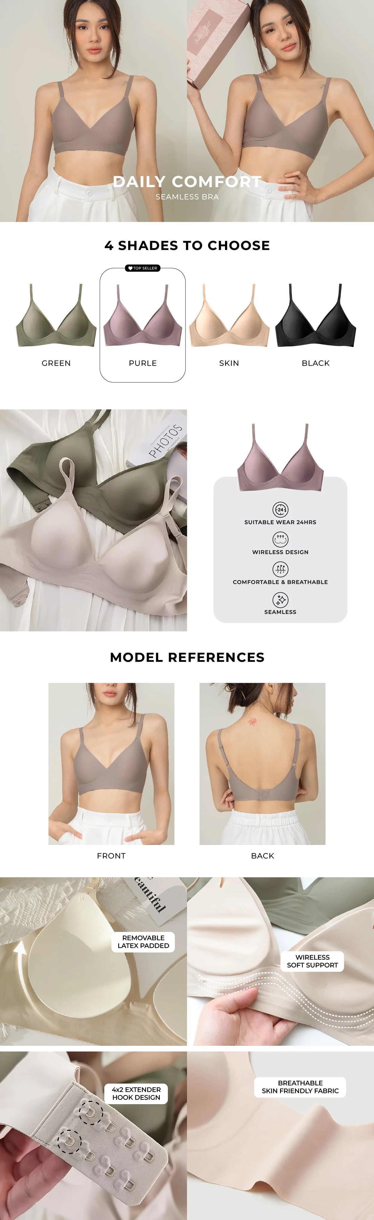 A composite image showing Chantelle's Secret Daily Comfort Seamless Bra in four colors with detailed features such as removable latex padding, 4x2 extender hook design, wireless soft support, and breathable skin-friendly fabric, presented alongside model references for front and back views