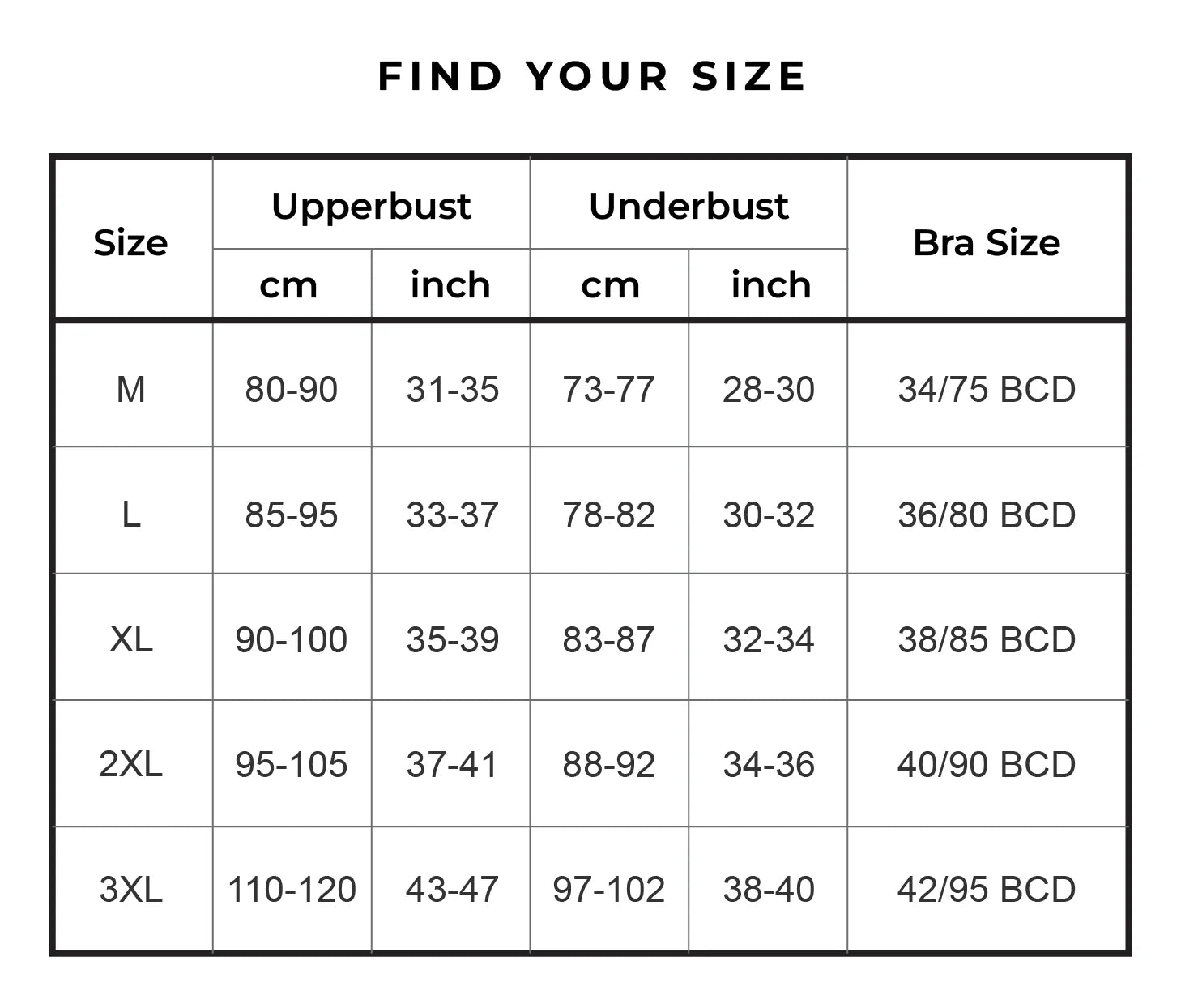 Find your perfect fit with Chantelle's Secret Seamless Bra Size Guide, detailing upperbust and underbust measurements in both centimeters and inches for sizes M to 3XL to ensure you select the right size for maximum comfort and support.