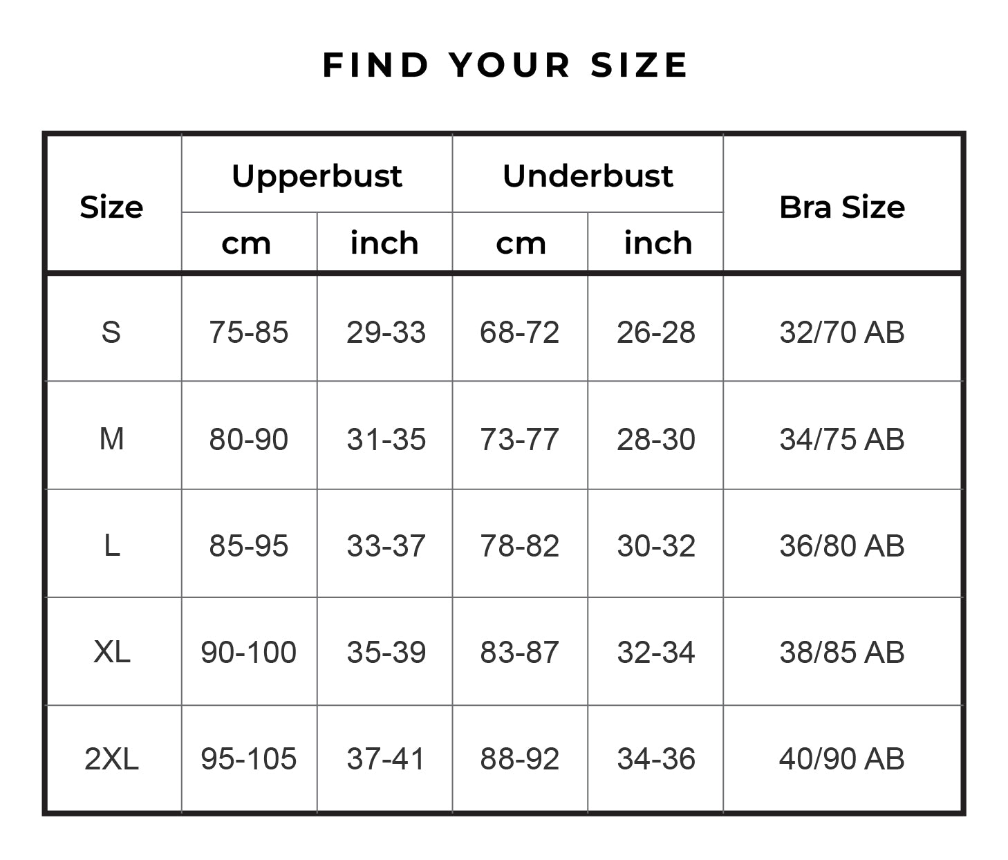 Sizing chart for Chantelle's Secret Tri-Cup Daily Seamless Bra, displaying size ranges in both centimeters and inches for upperbust and underbust measurements, corresponding to standard bra sizes from S to 2XL
