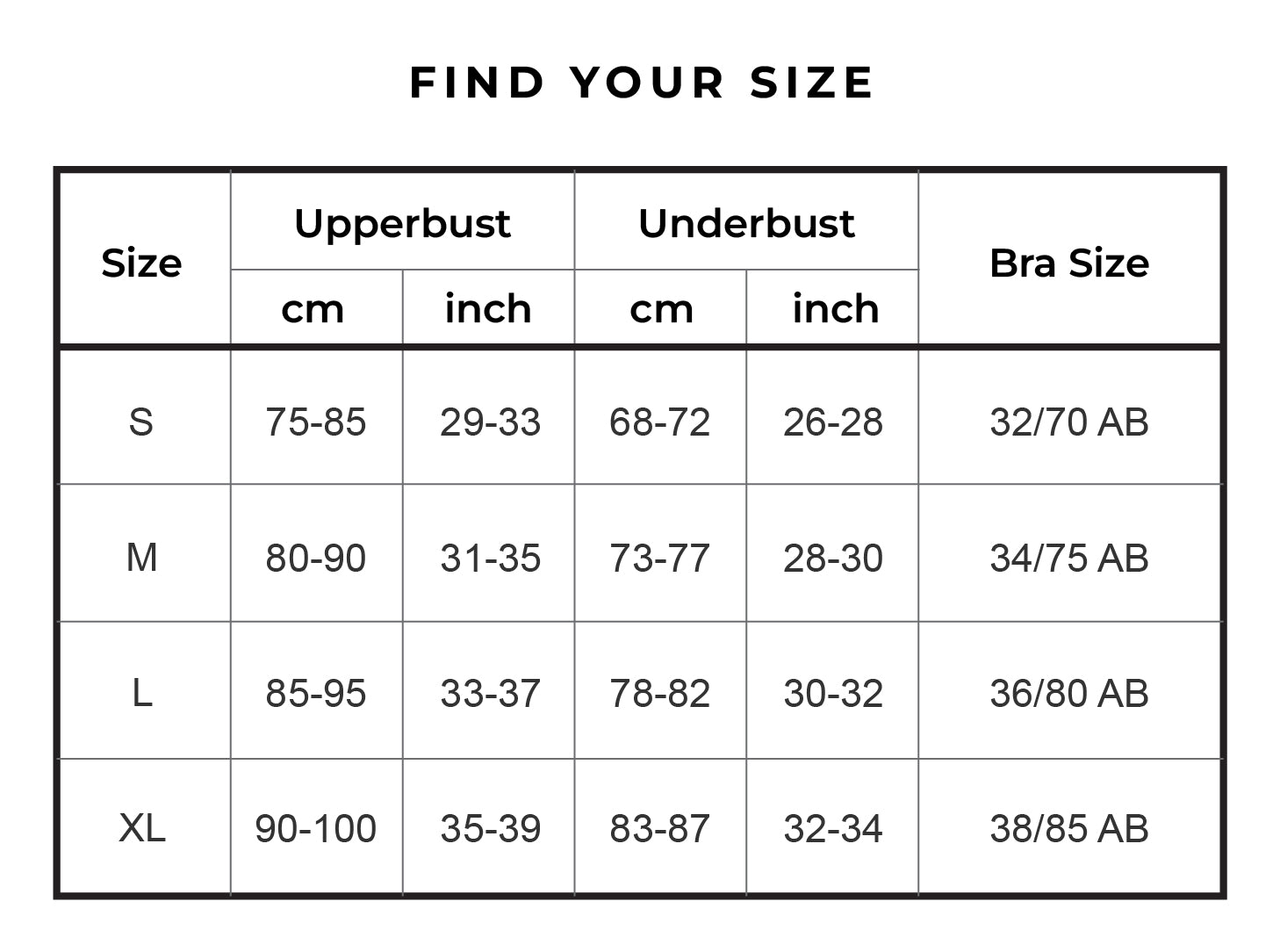 Chantelle's Secret Tri-Cup Daily Seamless Bra Size Chart displaying sizes S to XL with measurements in centimeters and inches for a perfect fit.