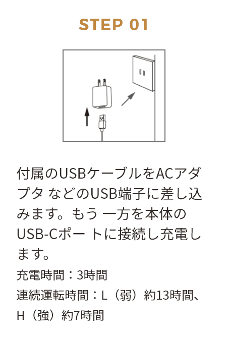 STEP 01 付属のUSBケープルをACアダプタ などのUSB端子に差し込みます。もう 一方を本体のUSB-Cポー トに接続し充電します。充電時間：3時間連続運転時間：L（弱）約13時間、 H（強）約7時間