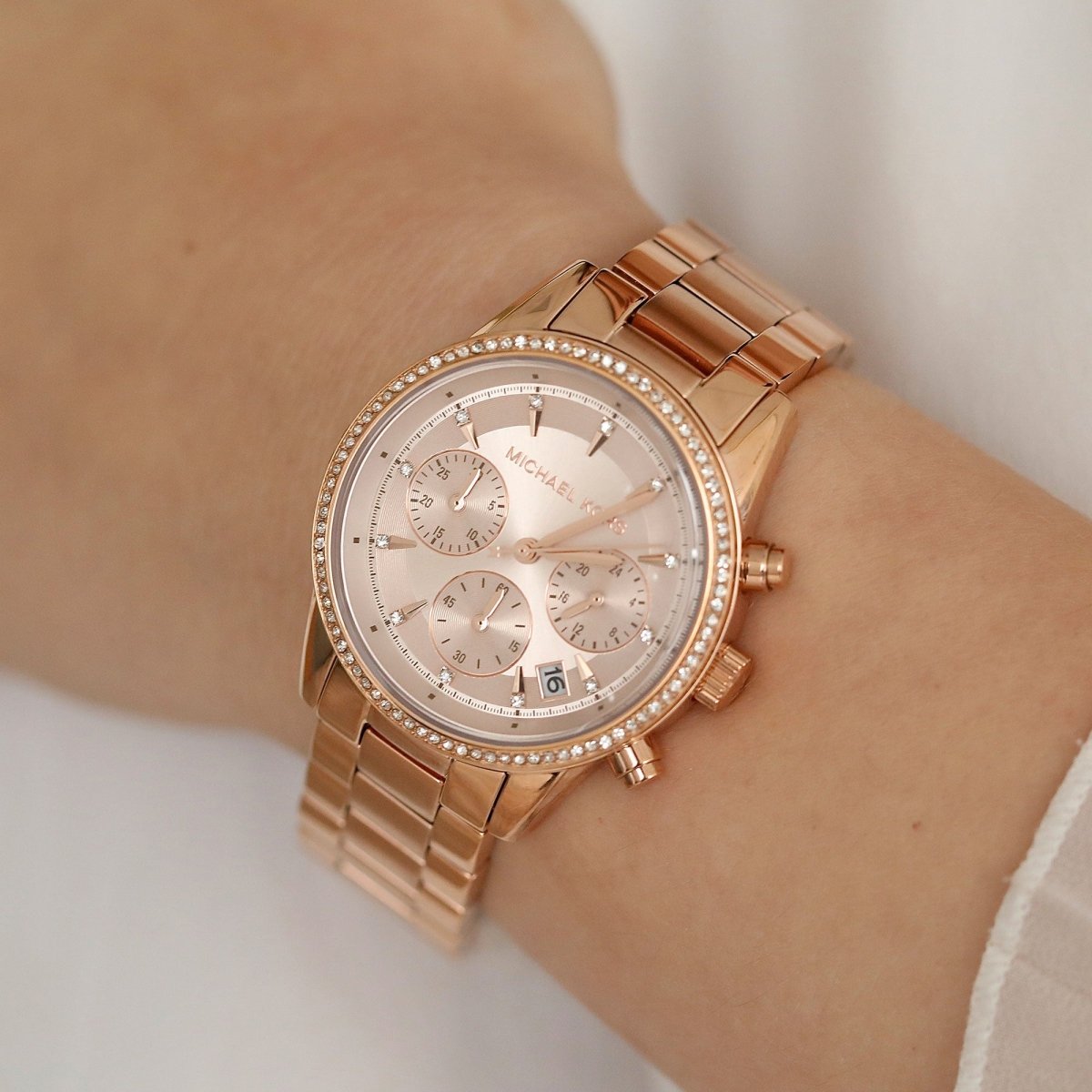 Michael Kors Ritz Chronograph Rose Gold Dial Steel Ladies Watch  Mk6077