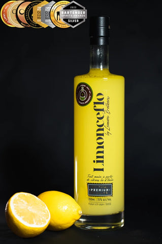Bouteille de Limonceflo des Frères Lemon avec deux citrons frais et des icônes de prix récents.