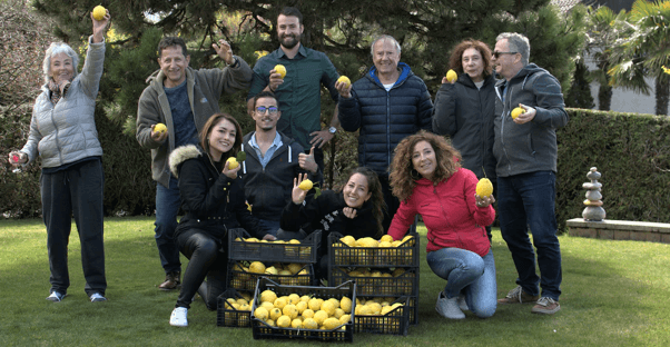 The Lemon Brothers' team outside in the garden with baskets of fresh lemons.