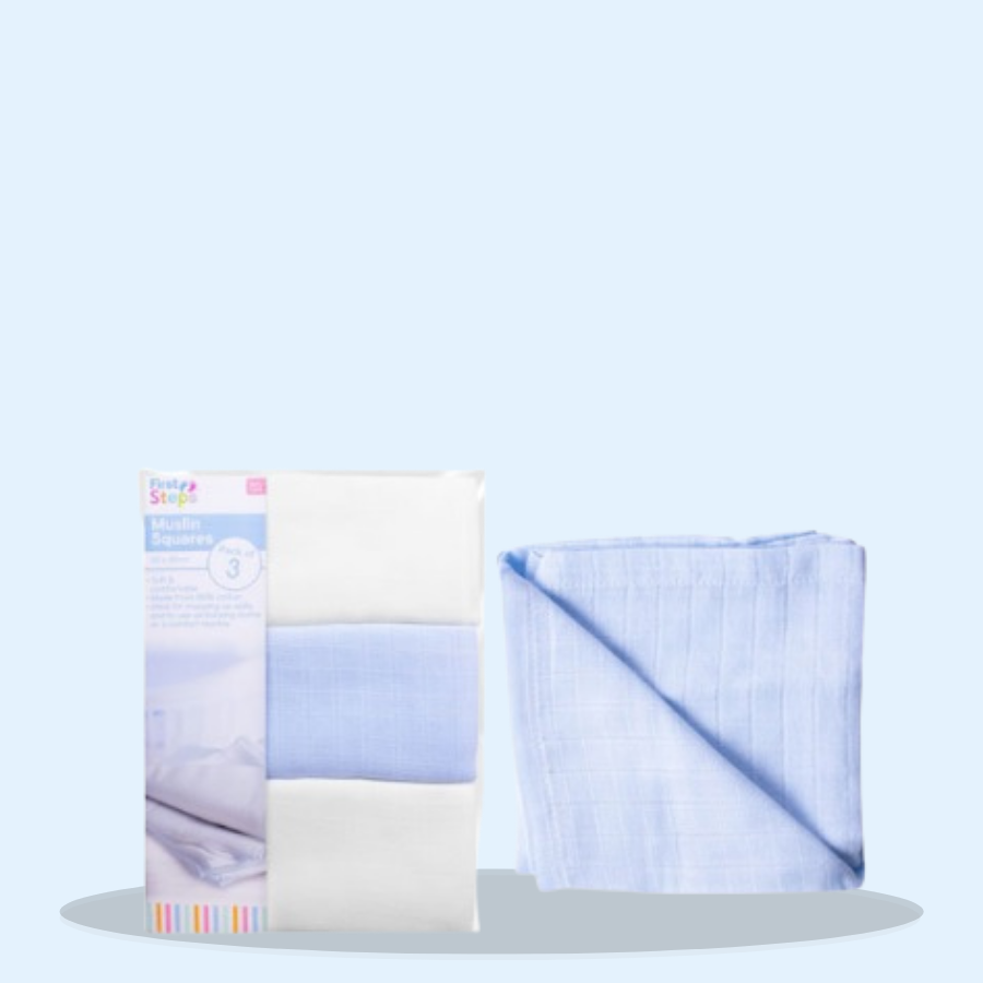 First Steps Muslin Squares Blue White 3's (Pack of 1 x 3's)