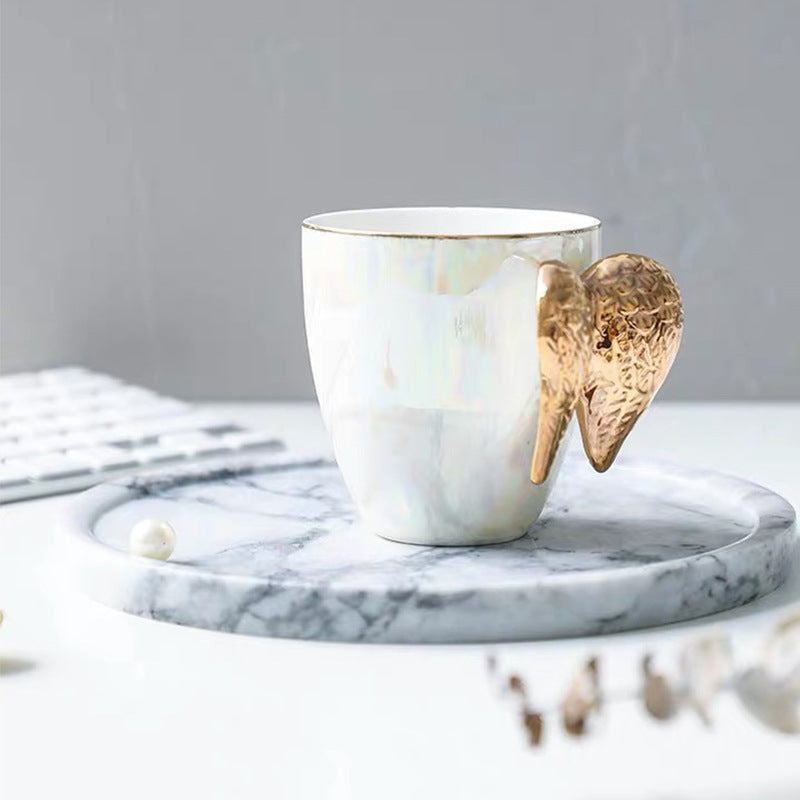 Gold Angel wing mug, white pearly aesthetic cup with gold angel wing holder