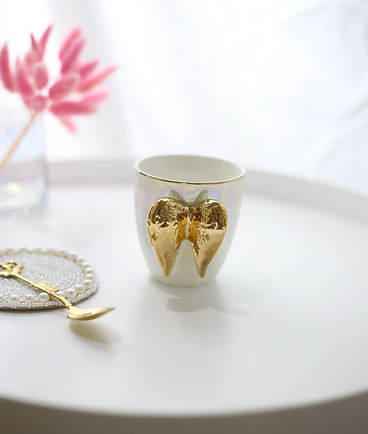 Gold Angel wing mug, white pearly aesthetic cup with gold angel wing holder