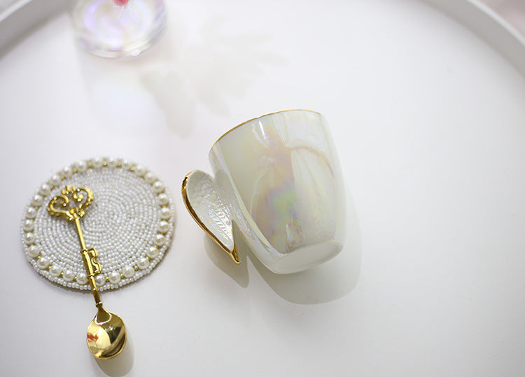 Dreamy Gold Angel wing mug, white pearly aesthetic cup with gold angel wing holder