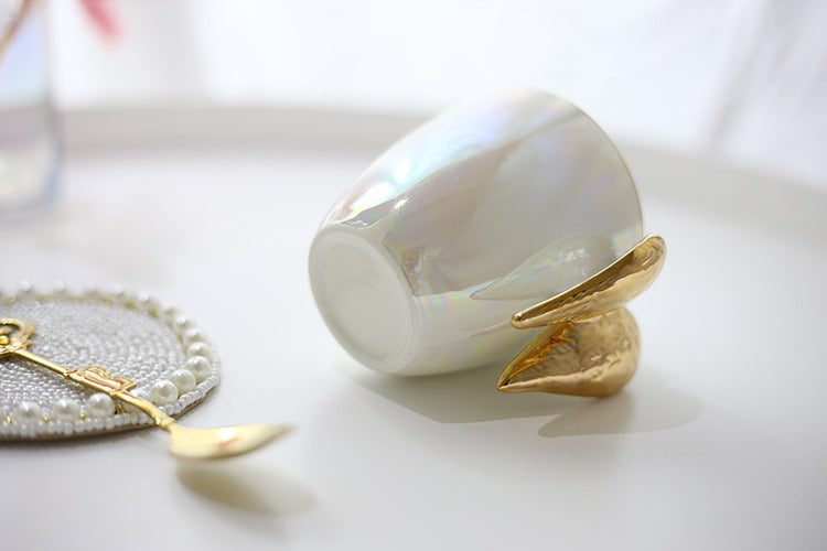 Gold Angel wing mug, white pearly aesthetic cup with gold angel wing holder