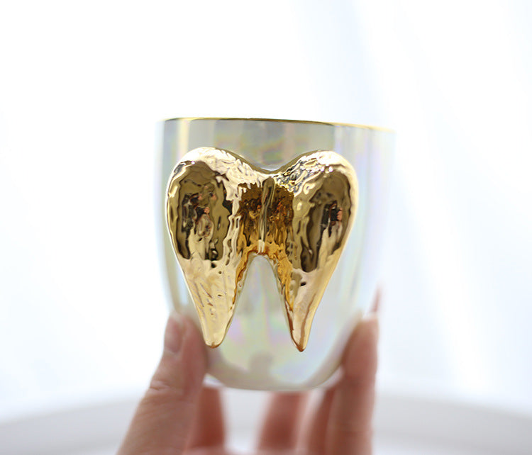 Gold Angel wing mug, white pearly aesthetic cup with gold angel wing holder