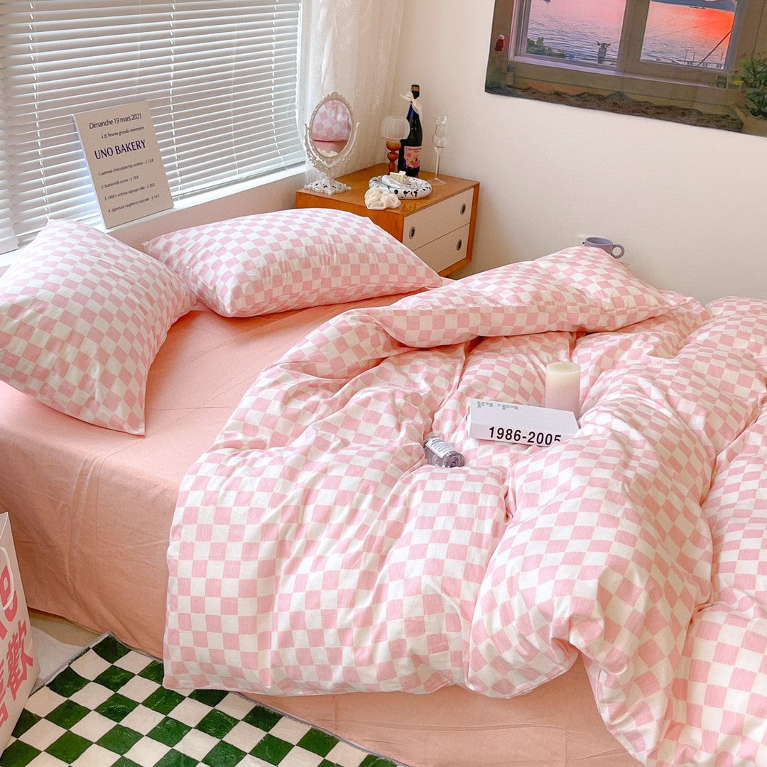 Pink Pastel Danish Aesthetic Check Pattern Bedding Set