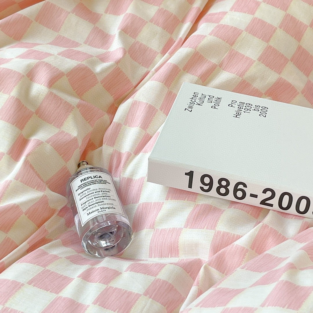 Pastel Pink Danish Aesthetic Check Pattern Bedding Set