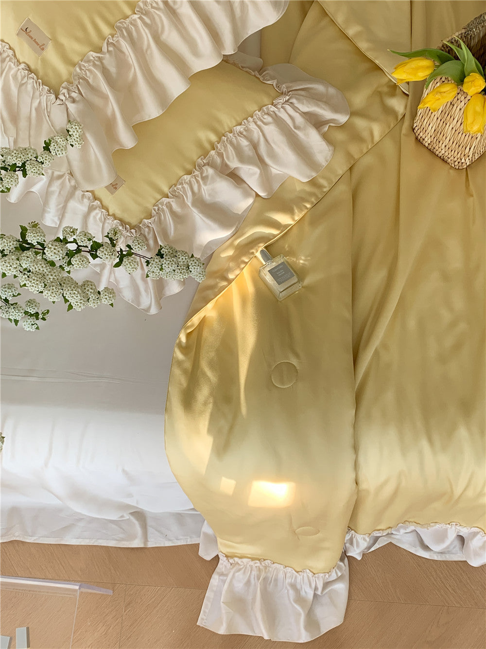 French Aesthetic Yellow Silk Ruffle Bedding Set For Summer
