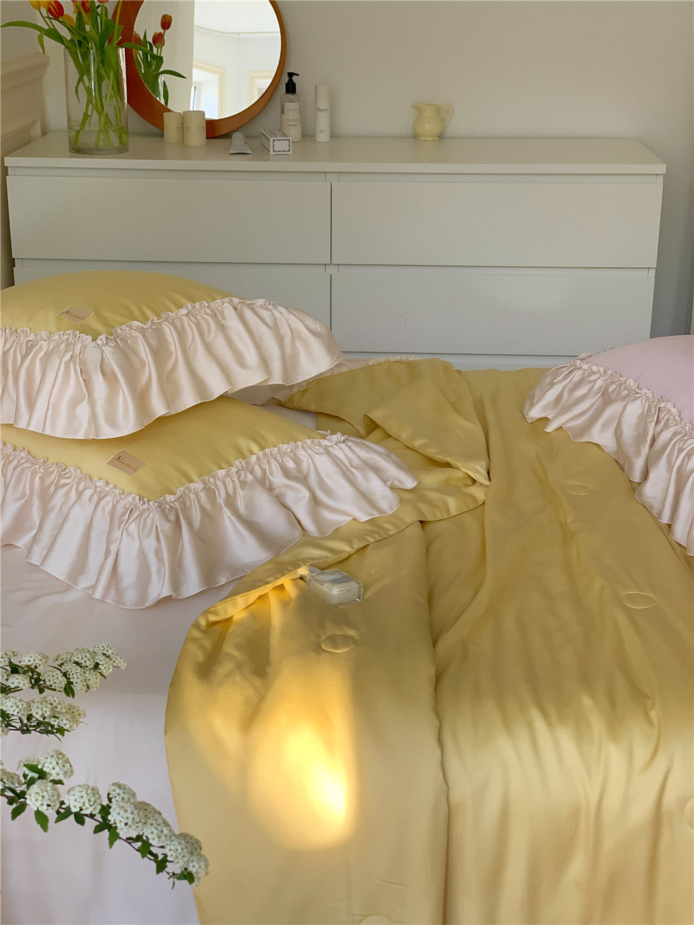 French Aesthetic Silky Satin Ruffle Bedding Set