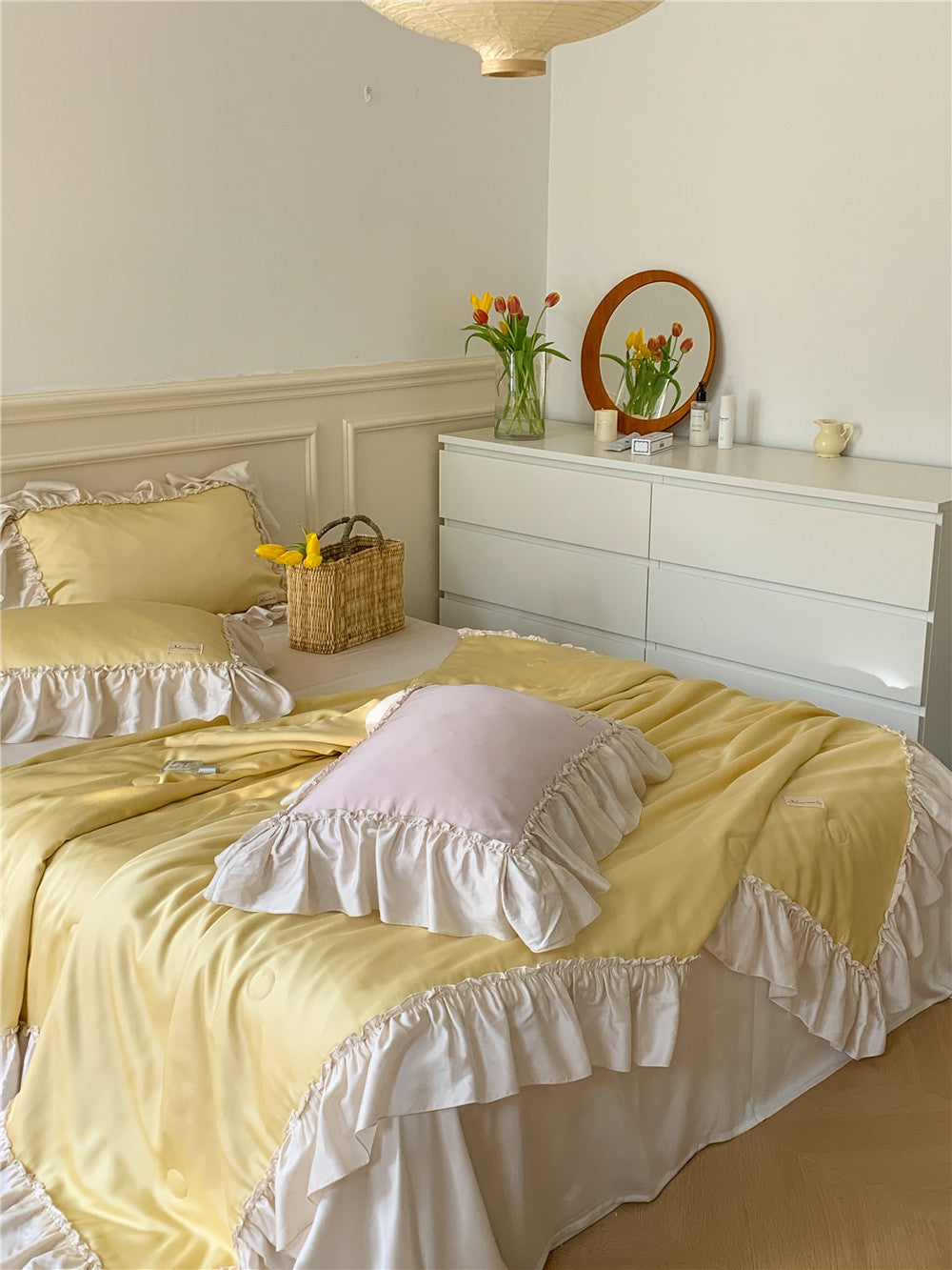 French Aesthetic Yellow Silk Ruffle Bedding Set For Summer