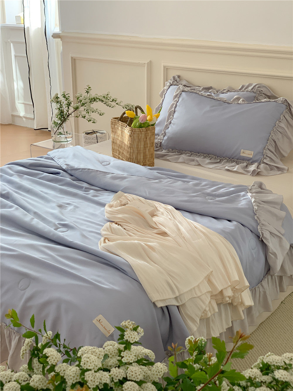 French Aesthetic Blue Silk Ruffle Bedding Set For Summer