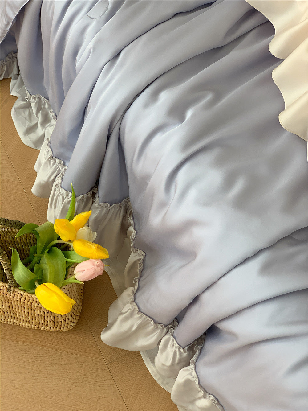 French Aesthetic Blue Silk Ruffle Bedding Set For Summer