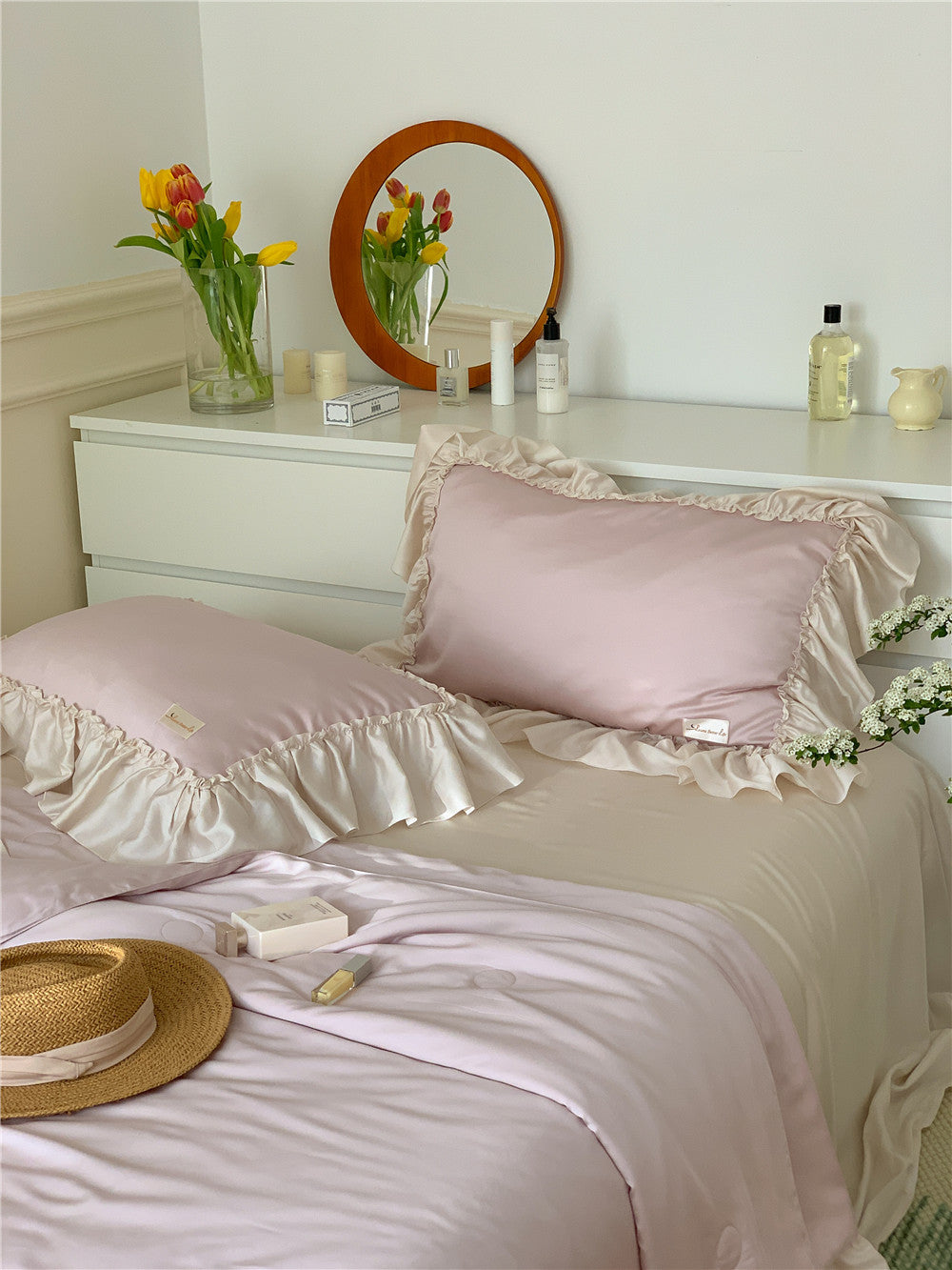 French Aesthetic Pink Silk Ruffle Bedding Set For Summer