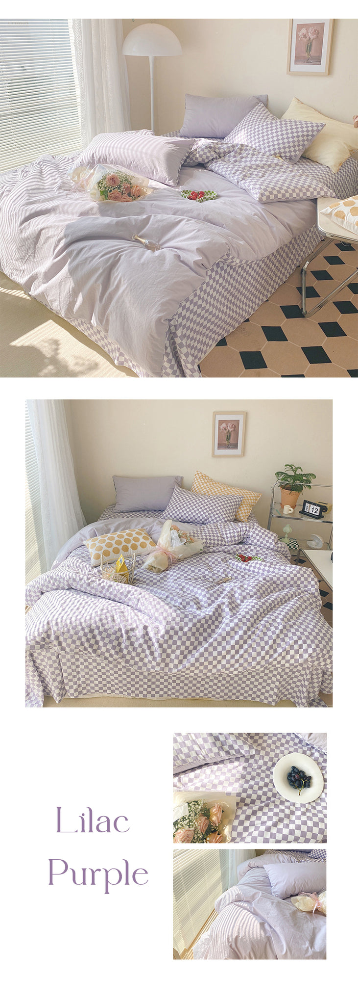 Purple Checkered Pattern Bedsheets For Aesthetic Room