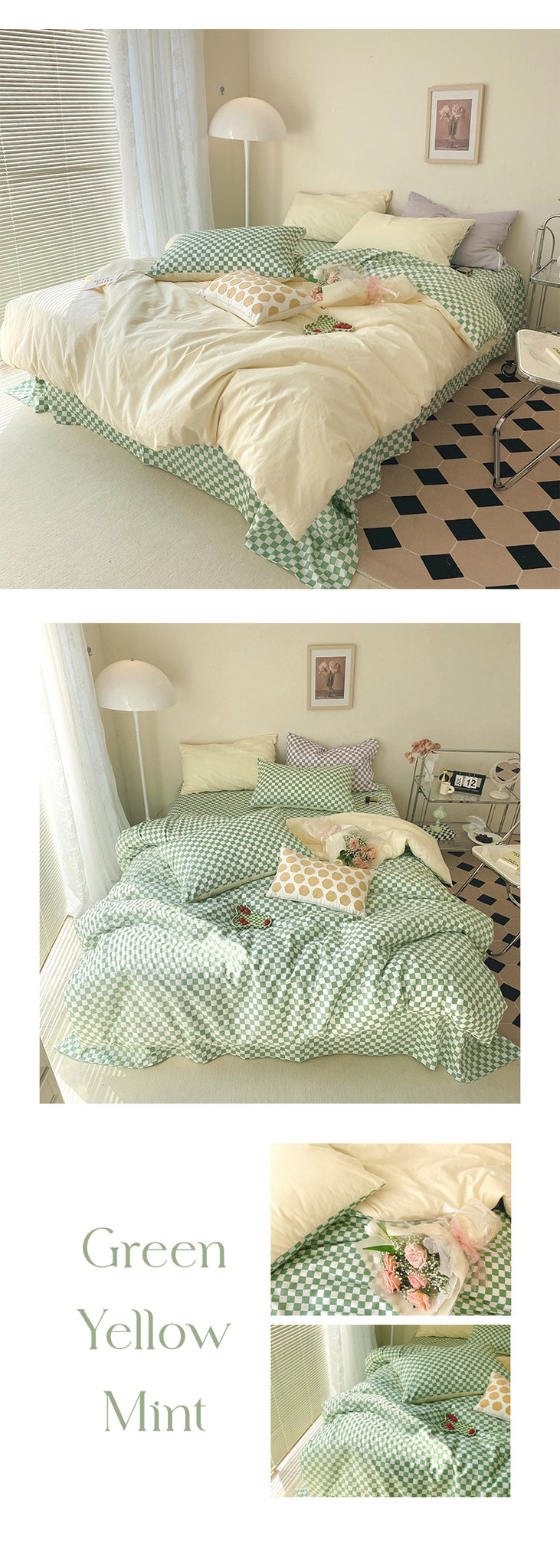 Green Mint Yellow Checkered Pattern Bedsheets For Aesthetic Room