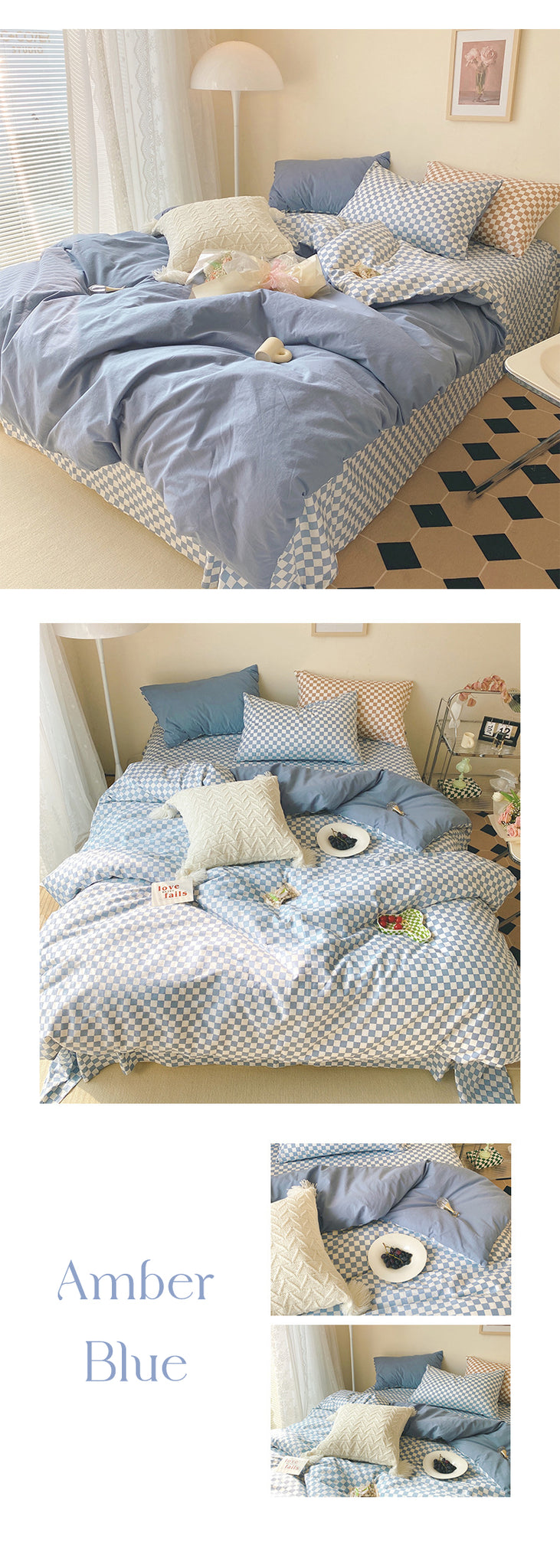 Blue Checkered Pattern Bedsheets For Aesthetic Room