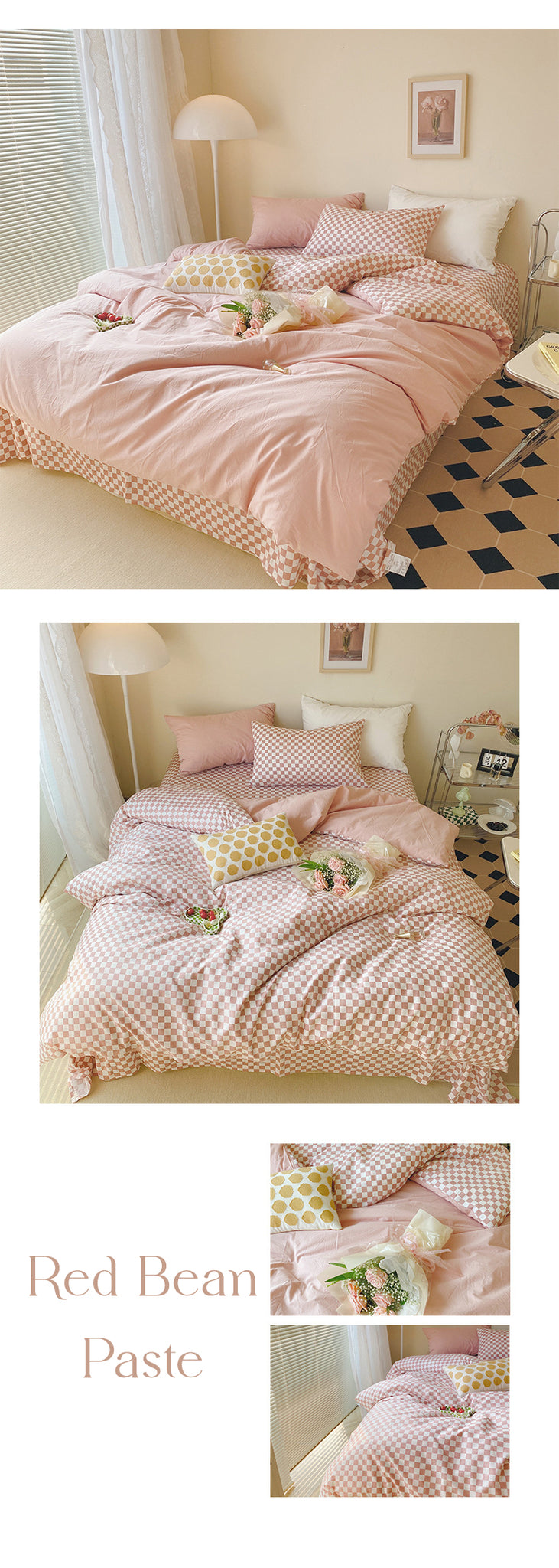 Pink Checkered Pattern Bedsheets For Aesthetic Room